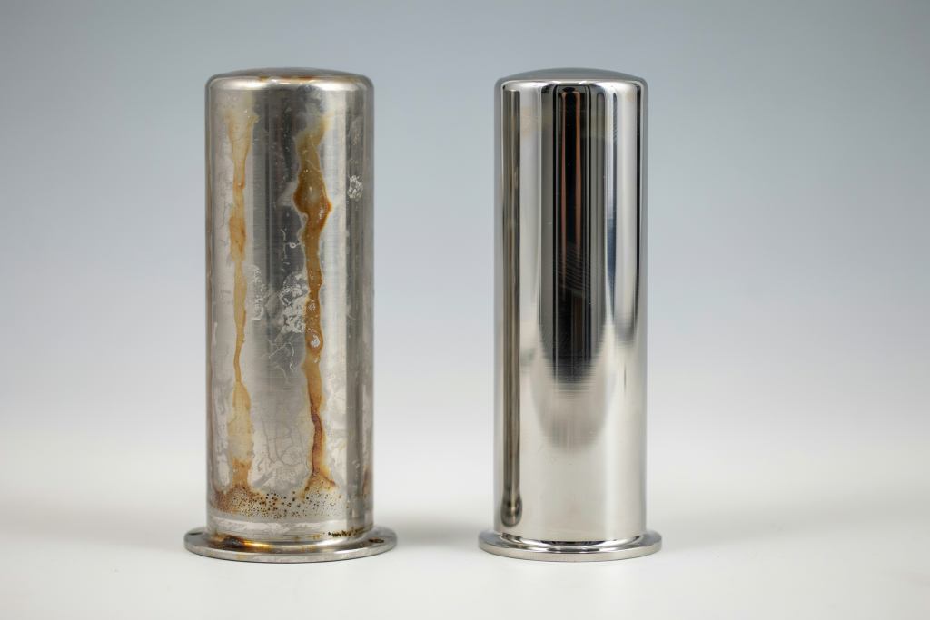 Comparison of tea-stained corroded stainless steel pool fence spigot and clean duplex 2205 spigot